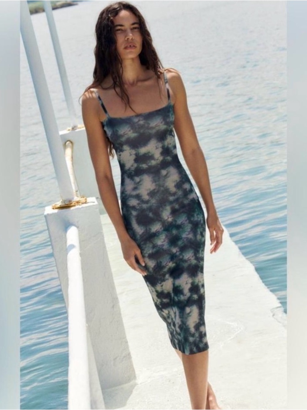 Zara Sleeveless Tie-Dye Blue Green Midi Dress